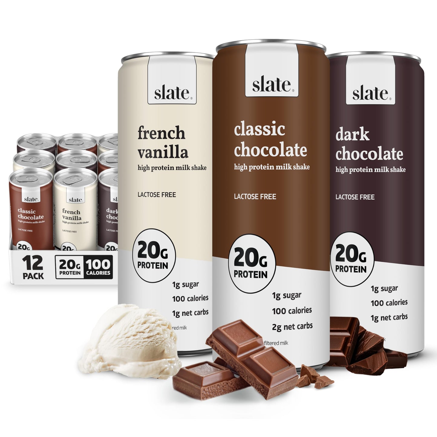Slate Milk - High Protein Milk Shake - Classic Chocolate - Lactose Free, 20g Protein, 1g Sugar, 100 Calories, 2g Net Carbs, No Added Sugar - Natural, Breakfast Boost, Post Workout - 11 fl oz, 48 Cans