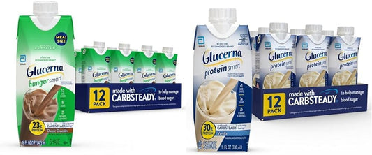 Glucerna Diabetic Nutrition Shakes Bundle - Hunger Smart 23g Protein 250 Calorie Chocolate 16oz 12 Count & 30g Protein Vanilla 12 Count
