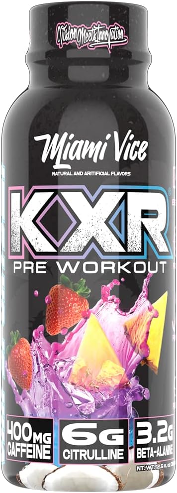 VMI Sports KXR High Stimulant Pre-Workout Energy Ready to Drink 400mg Caffeine, 6g Citrulline, 3.2g Beta-Alanine | Delicious – Convenient – Powerful | 12.5 oz Bottles (Miami Vice, 12 Bottles)