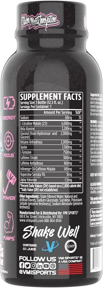 VMI Sports KXR High Stimulant Pre-Workout Energy Ready to Drink 400mg Caffeine, 6g Citrulline, 3.2g Beta-Alanine | Delicious – Convenient – Powerful | 12.5 oz Bottles (Miami Vice, 12 Bottles)