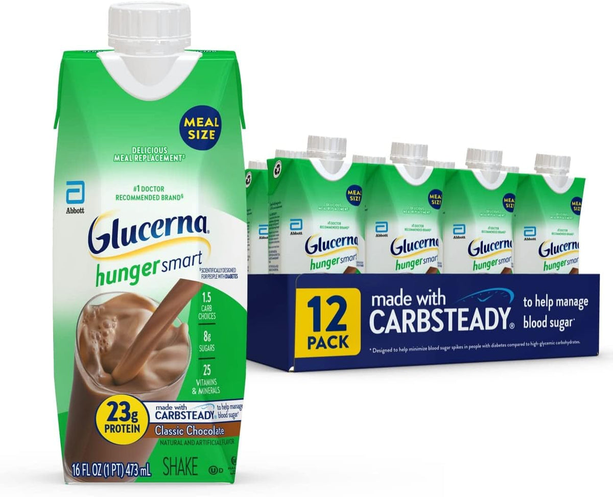 Glucerna Diabetic Nutrition Shakes Bundle - Hunger Smart 23g Protein 250 Calorie Chocolate 16oz 12 Count & 30g Protein Vanilla 12 Count