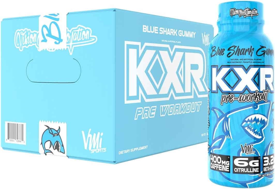 VMI Sports KXR High Stimulant Pre-Workout Energy Ready to Drink 400mg Caffeine, 6g Citrulline, 3.2g Beta-Alanine | Delicious, Convenient, Powerful | 12.5 oz Bottles (Blue Gummy, 12 Bottles)
