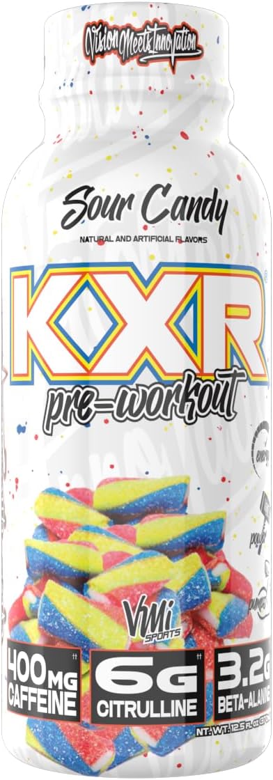 KXR High Stimulant Pre-Workout Energy Ready To Drink by VMI Sports | 400mg Caffeine, 6g Citrulline, 3.2g Beta-Alanine | Delicious – Convenient – Powerful | 12.5 oz bottles (12 bottles, Sour Candy)