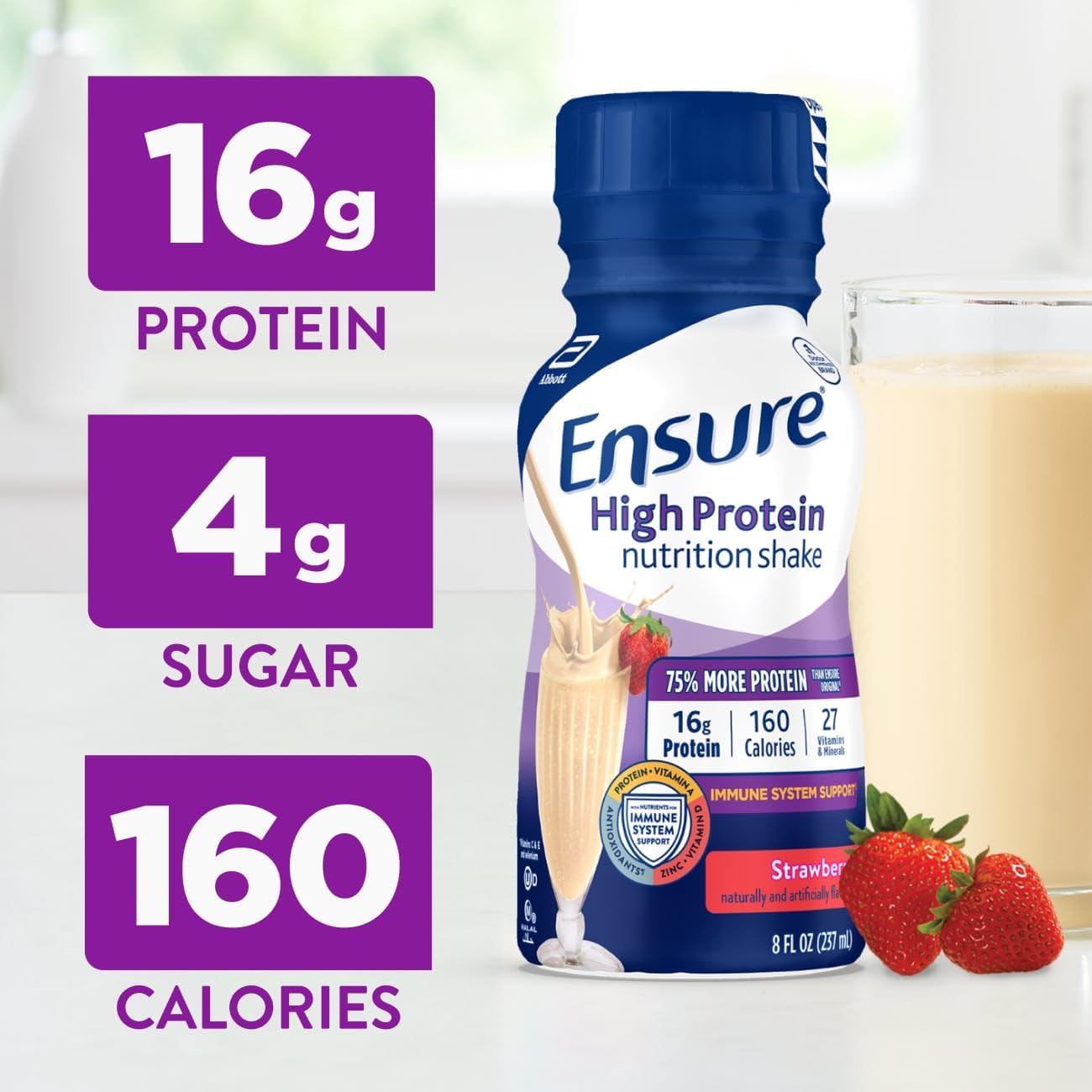 Ensure High Protein Strawberry Nutrition Shake, Ready to Drink, 16g Protein and 27 Vitamins and Minerals, 8 fl oz, 24 Pack