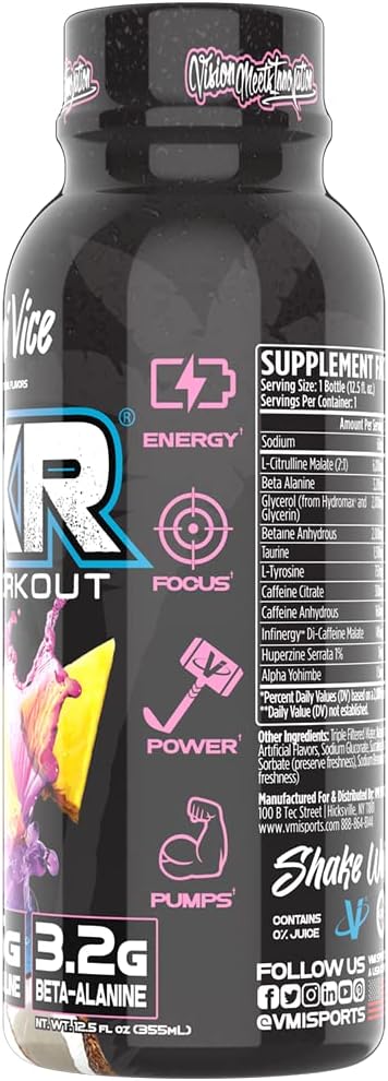 VMI Sports KXR High Stimulant Pre-Workout Energy Ready to Drink 400mg Caffeine, 6g Citrulline, 3.2g Beta-Alanine | Delicious – Convenient – Powerful | 12.5 oz Bottles (Miami Vice, 12 Bottles)