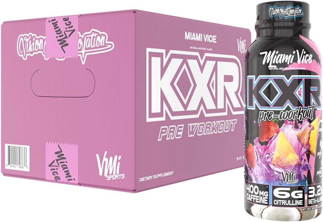 VMI Sports KXR High Stimulant Pre-Workout Energy Ready to Drink 400mg Caffeine, 6g Citrulline, 3.2g Beta-Alanine | Delicious – Convenient – Powerful | 12.5 oz Bottles (Miami Vice, 12 Bottles)
