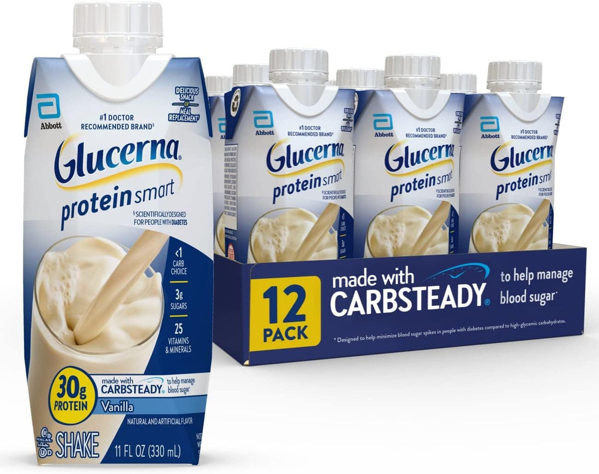 Glucerna Diabetic Nutrition Shakes Bundle - Hunger Smart 23g Protein 250 Calorie Chocolate 16oz 12 Count & 30g Protein Vanilla 12 Count