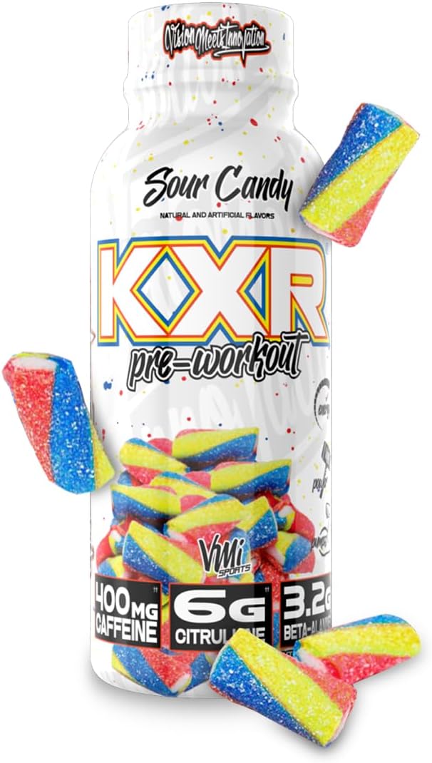 KXR High Stimulant Pre-Workout Energy Ready To Drink by VMI Sports | 400mg Caffeine, 6g Citrulline, 3.2g Beta-Alanine | Delicious – Convenient – Powerful | 12.5 oz bottles (12 bottles, Sour Candy)