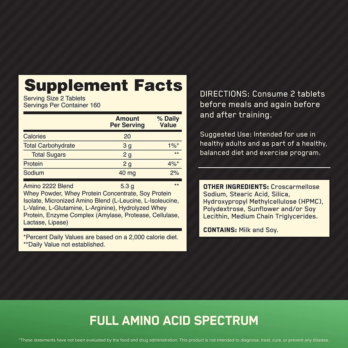 Optimum Nutrition Superior Amino 2222 Tablets, Complete EAAs, 320 Ct