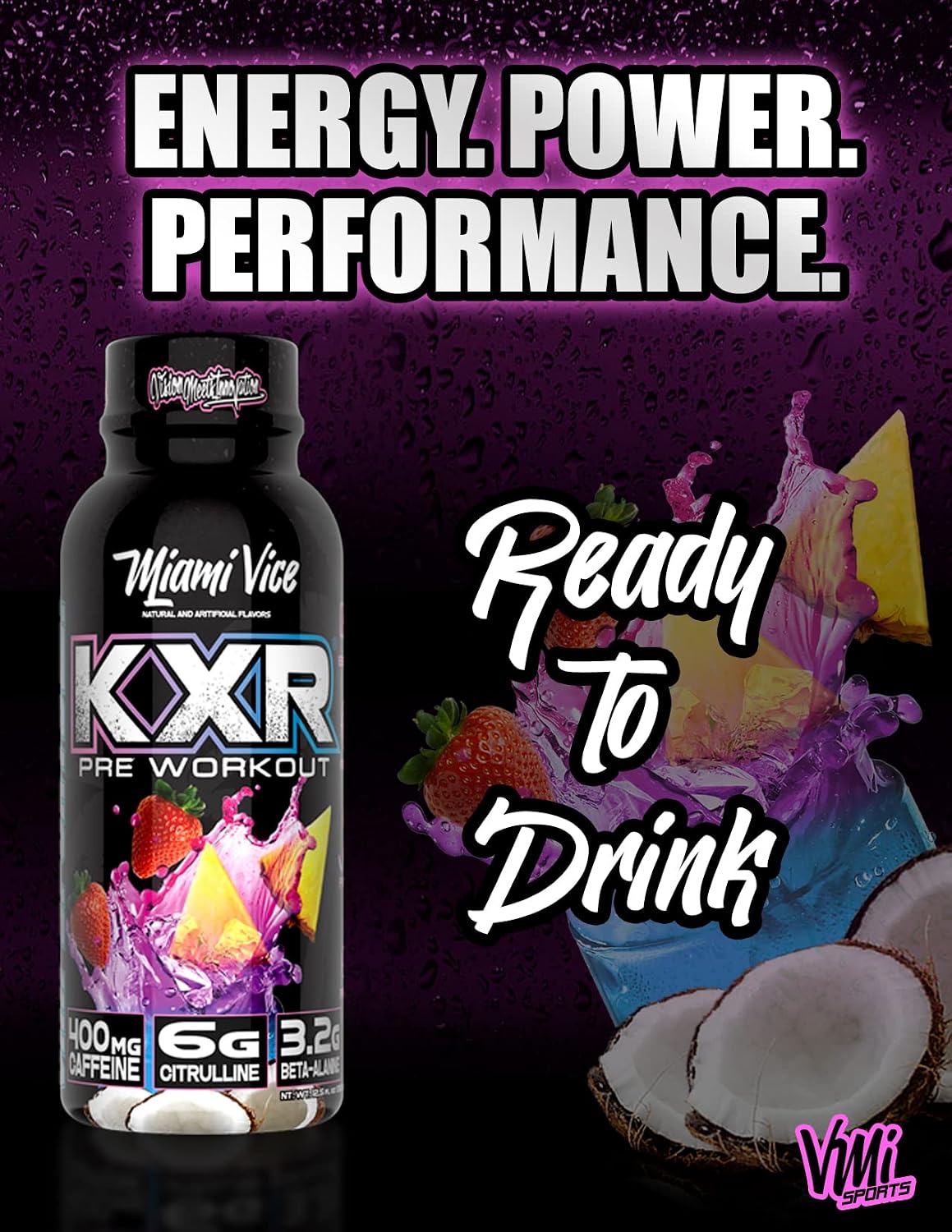 VMI Sports KXR High Stimulant Pre-Workout Energy Ready to Drink 400mg Caffeine, 6g Citrulline, 3.2g Beta-Alanine | Delicious – Convenient – Powerful | 12.5 oz Bottles (Miami Vice, 12 Bottles)