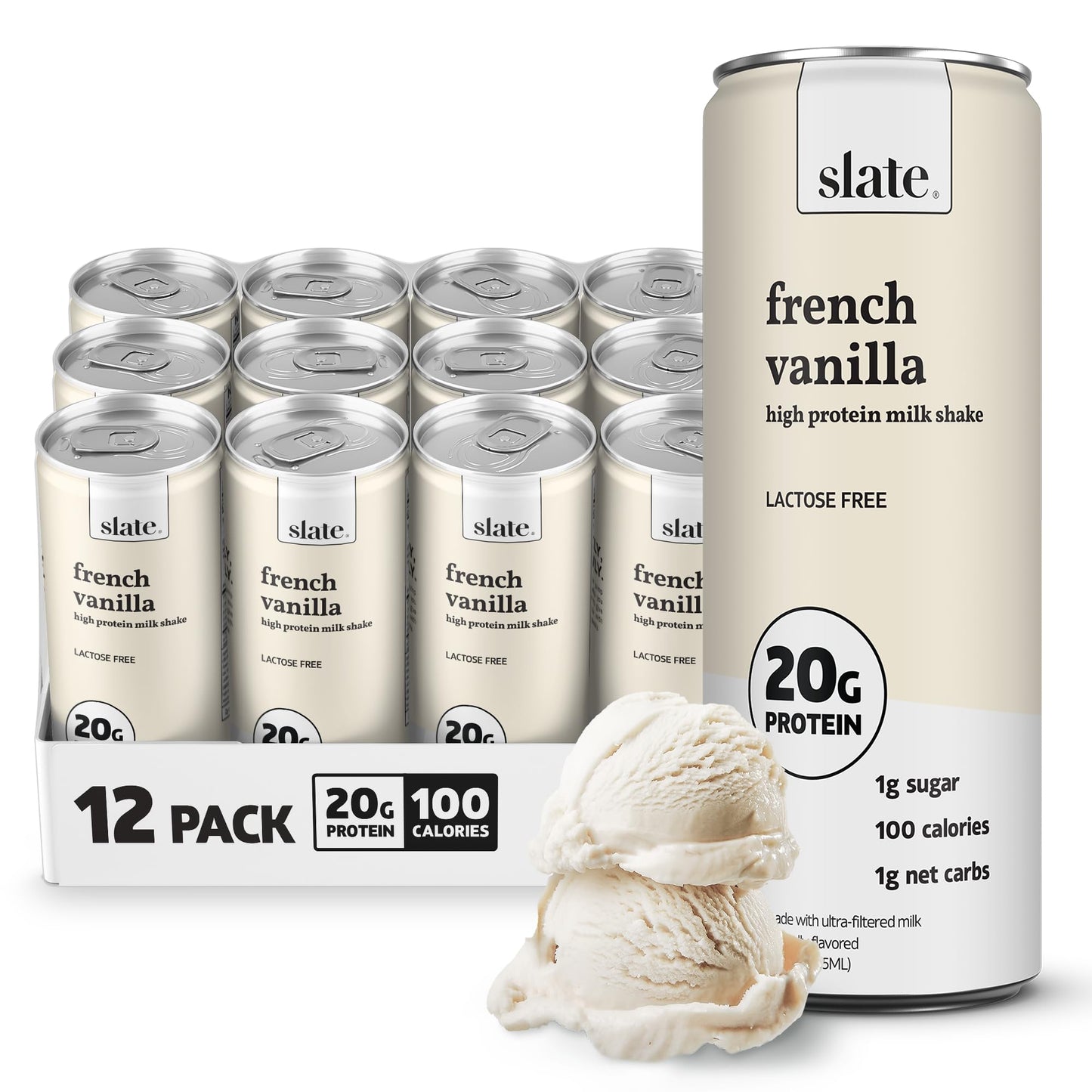 Slate Milk - High Protein Milk Shake - Classic Chocolate - Lactose Free, 20g Protein, 1g Sugar, 100 Calories, 2g Net Carbs, No Added Sugar - Natural, Breakfast Boost, Post Workout - 11 fl oz, 48 Cans