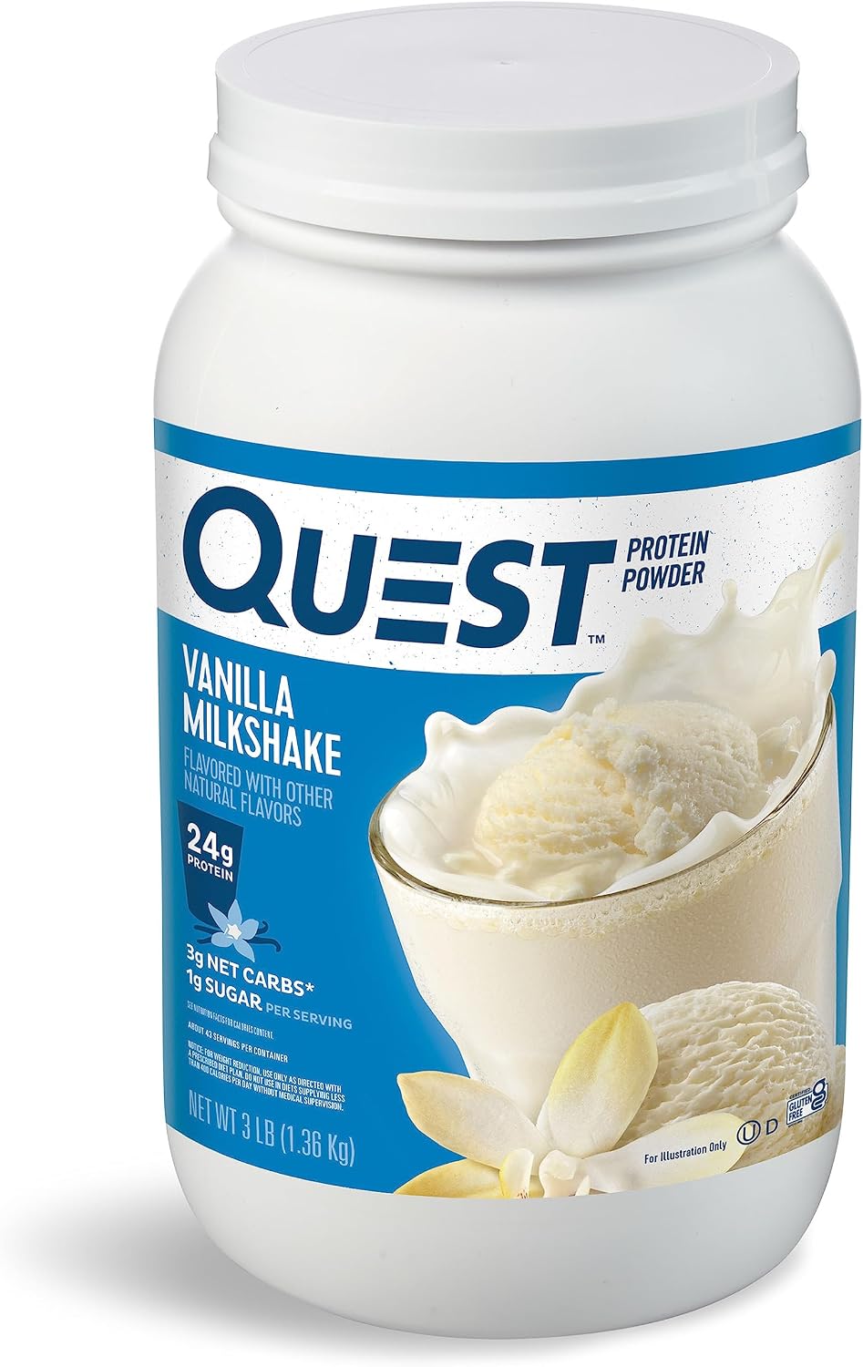 Quest Nutrition Vanilla Milkshake Protein Powder, 24g of Protein, 1g of Sugar, Low Carb, Gluten Free, 3 Pound, 43 Servings