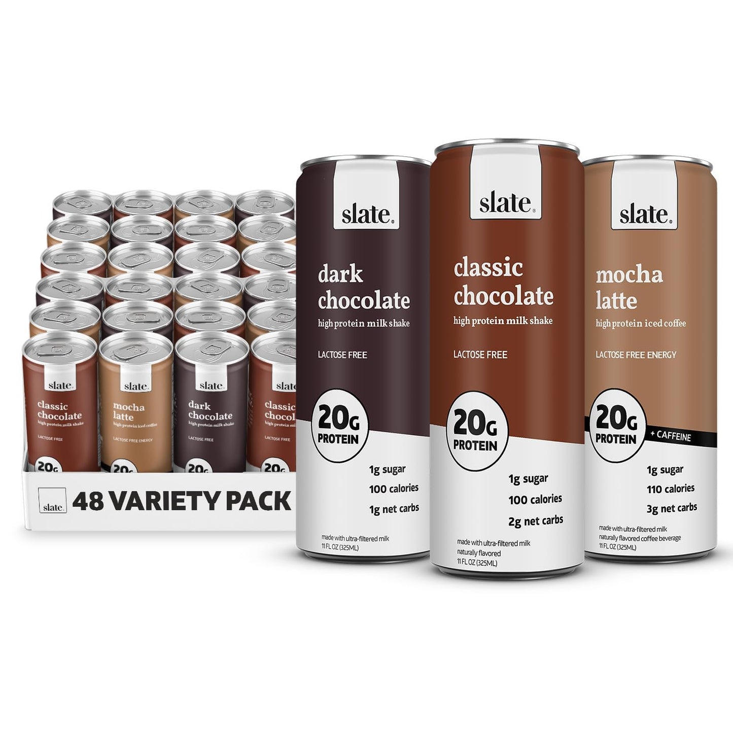 Slate Milk - High Protein Milk Shake - Classic Chocolate - Lactose Free, 20g Protein, 1g Sugar, 100 Calories, 2g Net Carbs, No Added Sugar - Natural, Breakfast Boost, Post Workout - 11 fl oz, 48 Cans