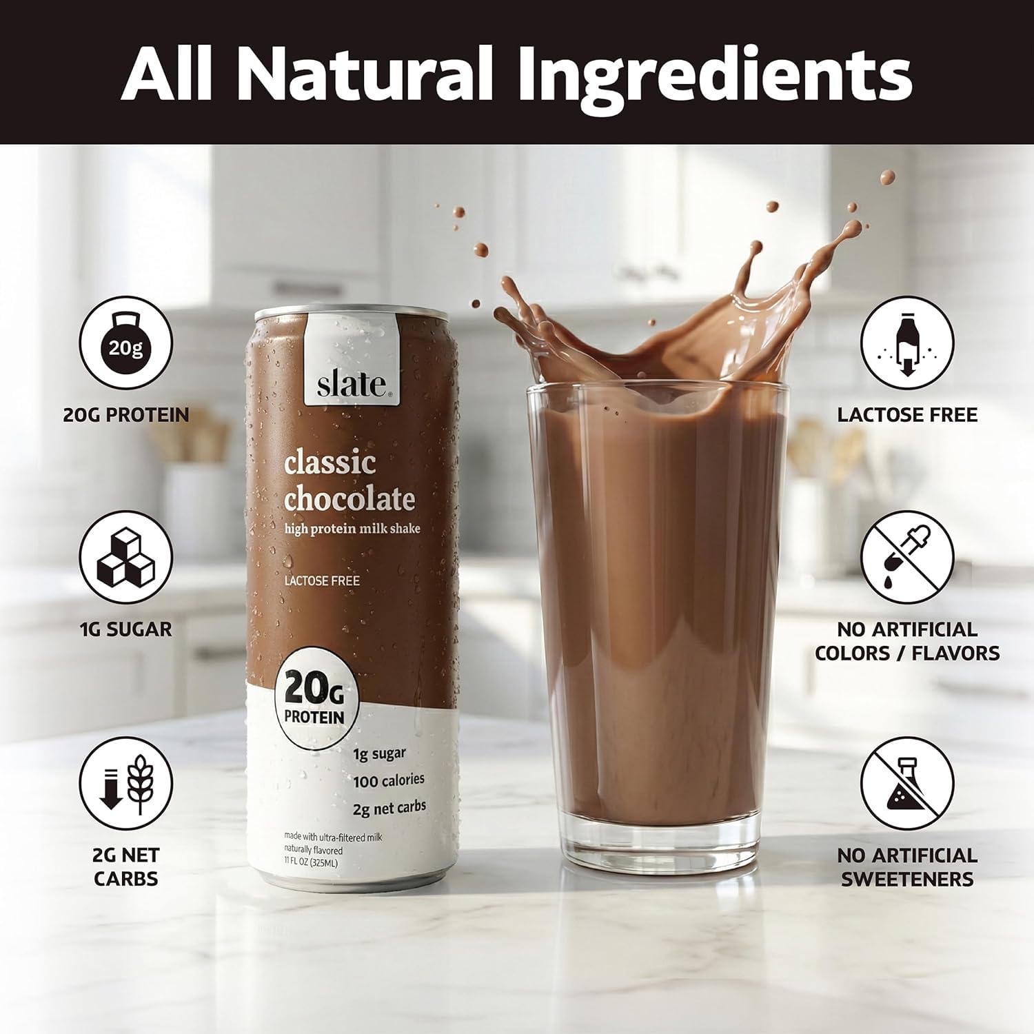 Slate Milk - High Protein Milk Shake - Classic Chocolate - Lactose Free, 20g Protein, 1g Sugar, 100 Calories, 2g Net Carbs, No Added Sugar - Natural, Breakfast Boost, Post Workout - 11 fl oz, 48 Cans