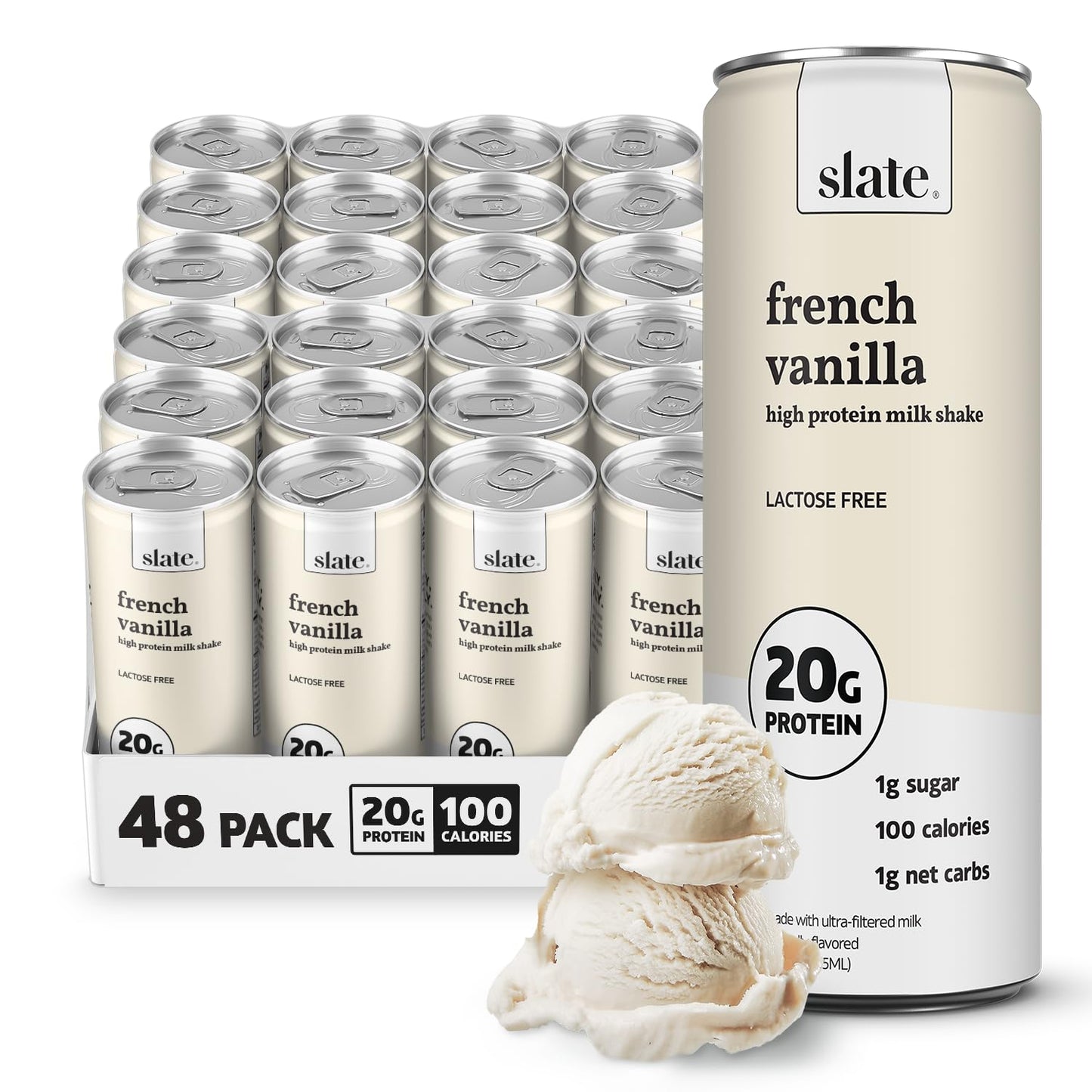 Slate Milk - High Protein Milk Shake - Classic Chocolate - Lactose Free, 20g Protein, 1g Sugar, 100 Calories, 2g Net Carbs, No Added Sugar - Natural, Breakfast Boost, Post Workout - 11 fl oz, 48 Cans