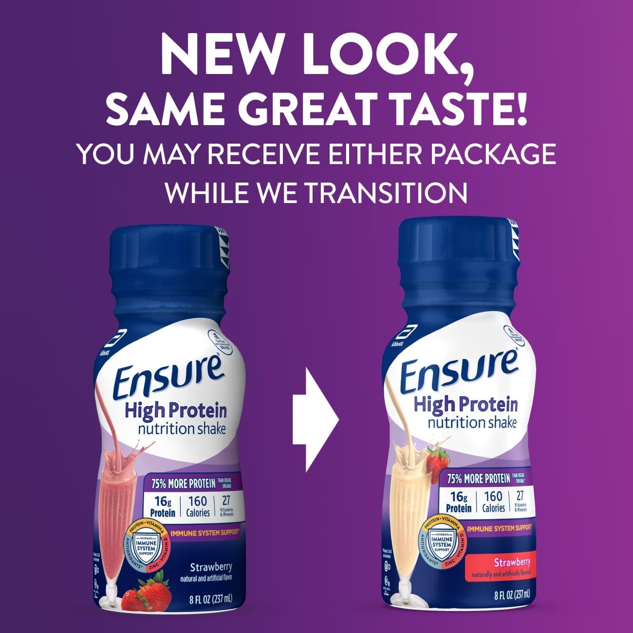Ensure High Protein Strawberry Nutrition Shake, Ready to Drink, 16g Protein and 27 Vitamins and Minerals, 8 fl oz, 24 Pack