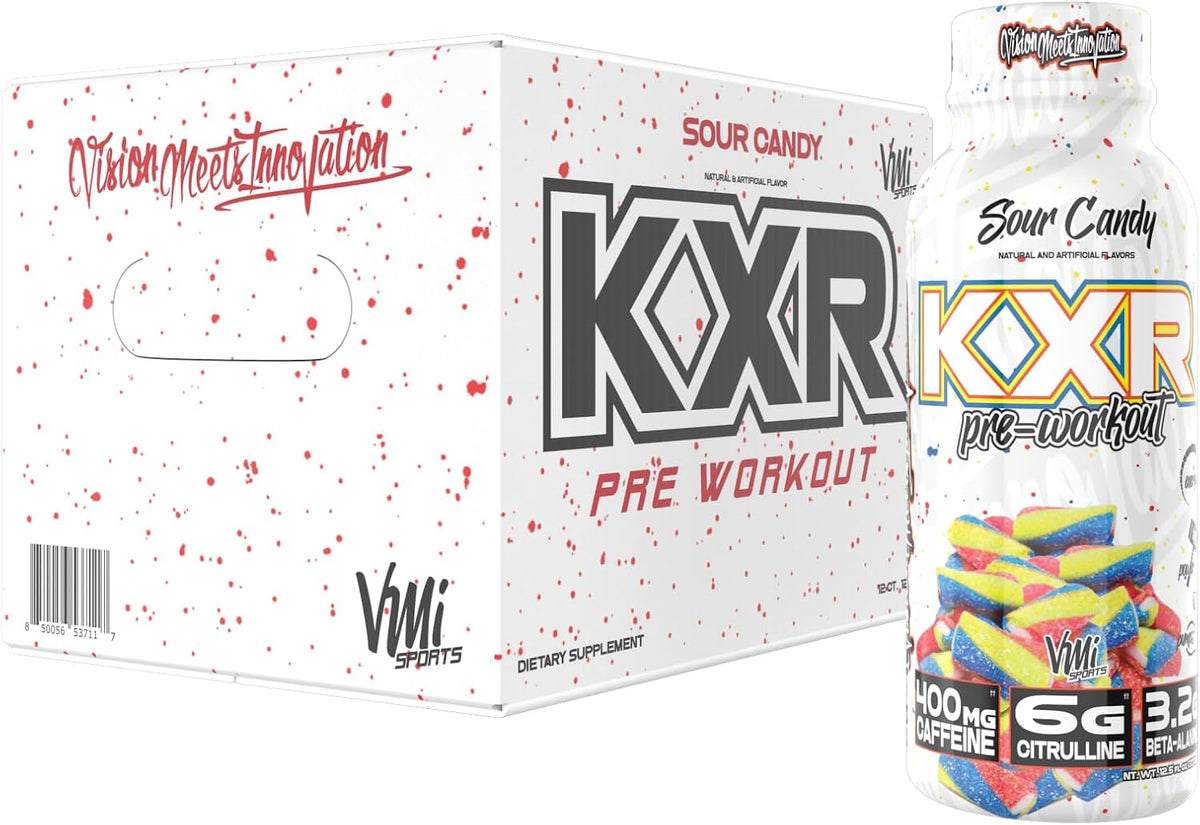 KXR High Stimulant Pre-Workout Energy Ready To Drink by VMI Sports | 400mg Caffeine, 6g Citrulline, 3.2g Beta-Alanine | Delicious – Convenient – Powerful | 12.5 oz bottles (12 bottles, Sour Candy)