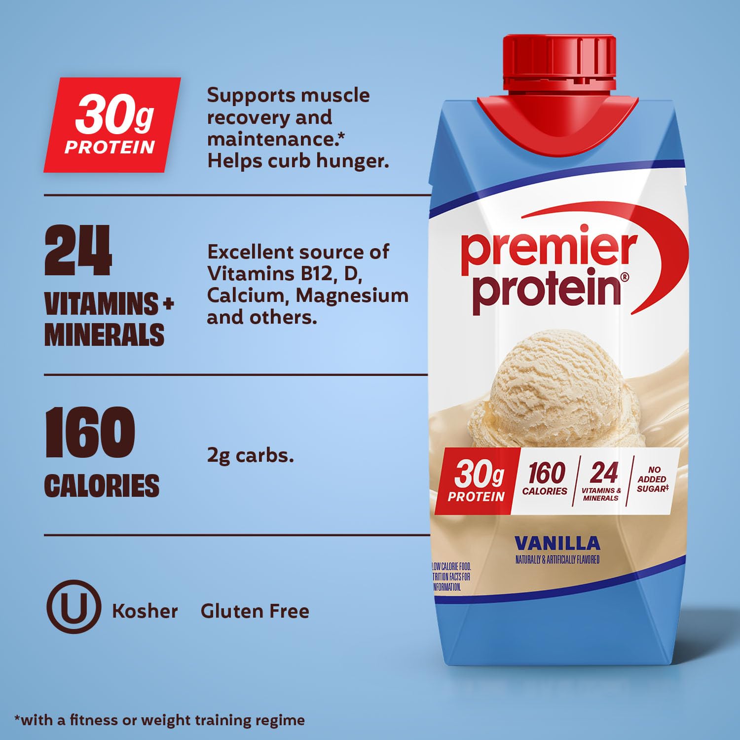 Premier Protein 30g High Protein Shake, Vanilla, 12 Pack | 160 Calories, 24 Vitamins & Minerals, No Added Sugar, Supports Muscle Health, Gluten-Free, 11 oz