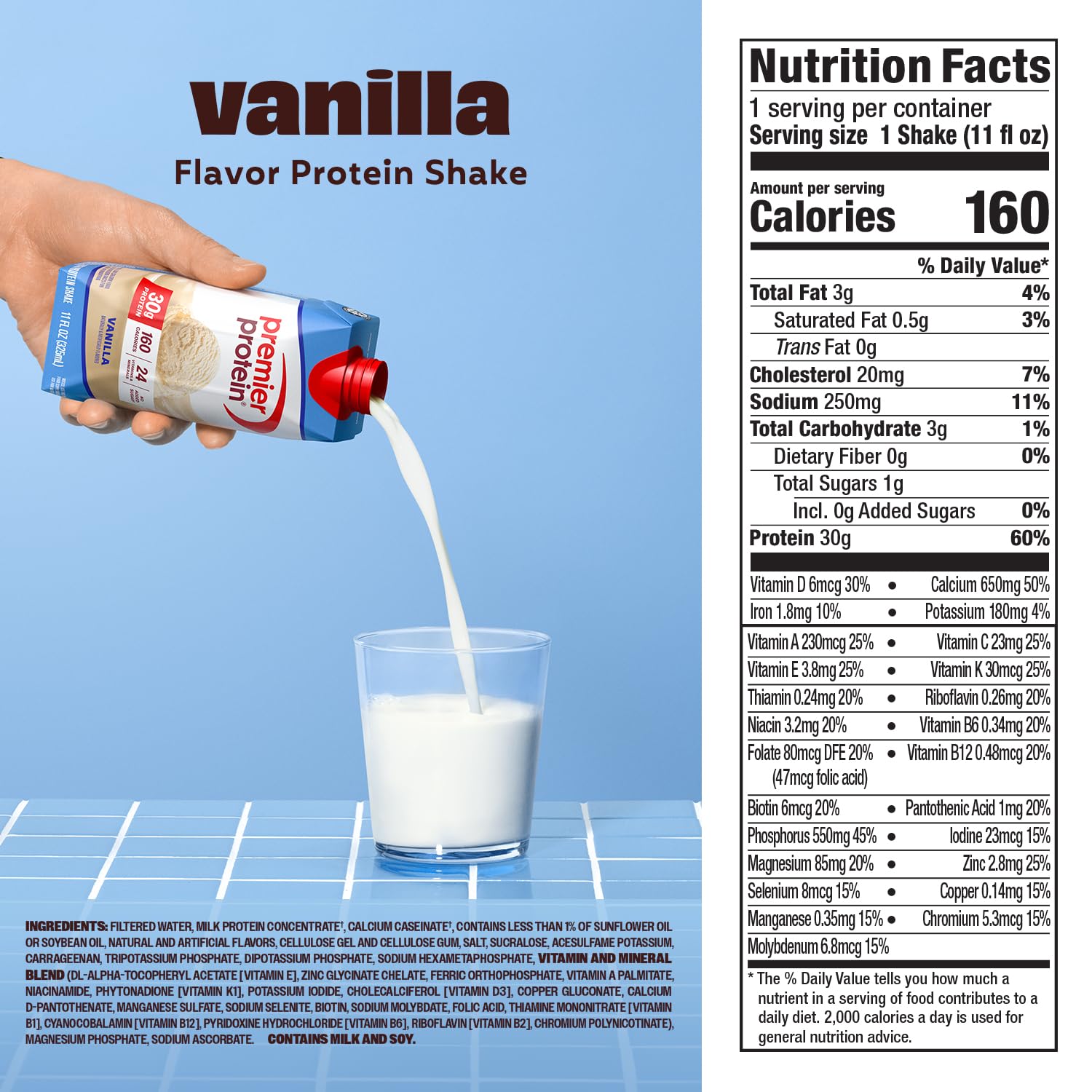 Premier Protein 30g High Protein Shake, Vanilla, 12 Pack | 160 Calories, 24 Vitamins & Minerals, No Added Sugar, Supports Muscle Health, Gluten-Free, 11 oz