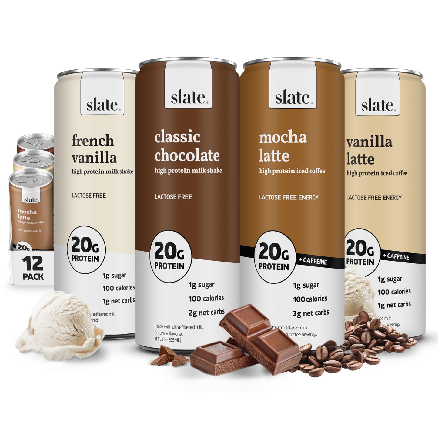 Slate Milk - High Protein Milk Shake - Classic Chocolate - Lactose Free, 20g Protein, 1g Sugar, 100 Calories, 2g Net Carbs, No Added Sugar - Natural, Breakfast Boost, Post Workout - 11 fl oz, 48 Cans