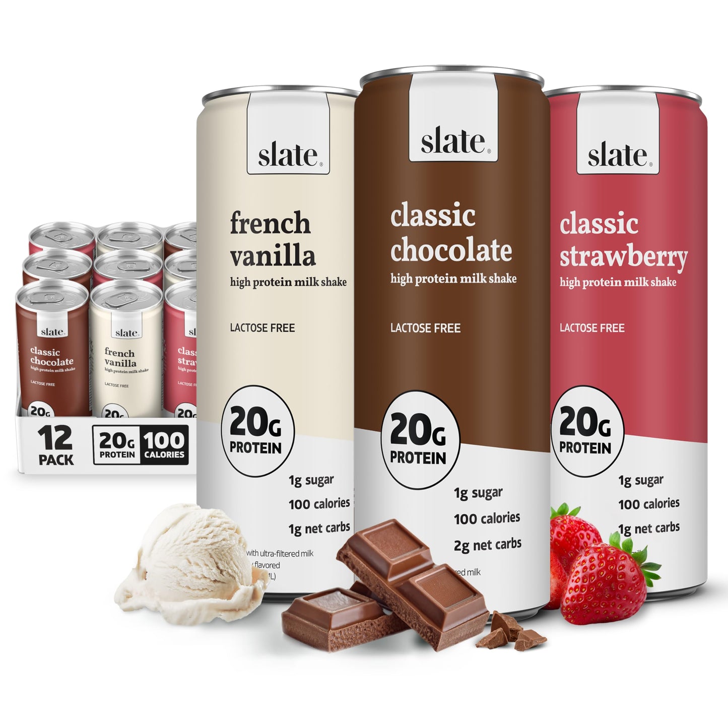 Slate Milk - High Protein Milk Shake - Classic Chocolate - Lactose Free, 20g Protein, 1g Sugar, 100 Calories, 2g Net Carbs, No Added Sugar - Natural, Breakfast Boost, Post Workout - 11 fl oz, 48 Cans