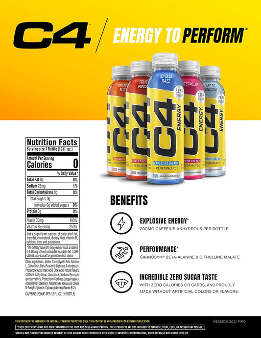 C4 Non-Carbonated Energy Drink with Zero Sugar, Fruit Punch, 12pk