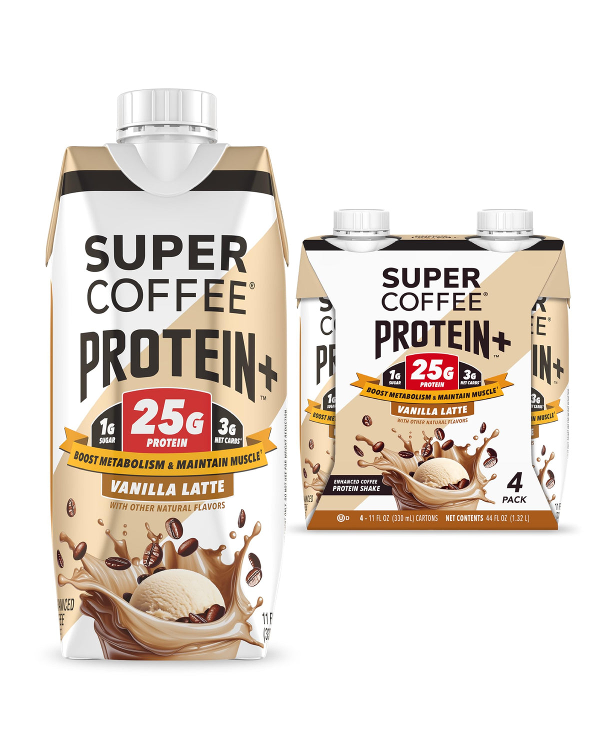 SUPER COFFEE+, Keto Coffee (0g Added Sugar, 150 Calories) [Vanilla] 11 Fl Oz, 18 Pack | Iced Smart Coffee Drinks