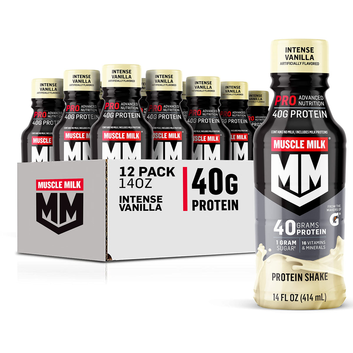 Muscle Milk Pro Advanced Nutrition Protein Shake, Knockout Chocolate, 14 Fl Oz Bottle, 12 Pack, 40g Protein, 1g Sugar, 16 Vitamins & Minerals, 6g Fiber, Workout Recovery, Packaging May Vary