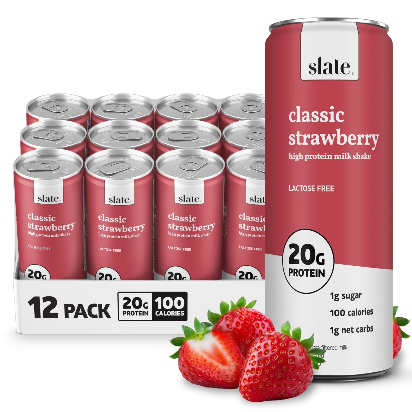Slate Milk - High Protein Milk Shake - Classic Chocolate - Lactose Free, 20g Protein, 1g Sugar, 100 Calories, 2g Net Carbs, No Added Sugar - Natural, Breakfast Boost, Post Workout - 11 fl oz, 48 Cans
