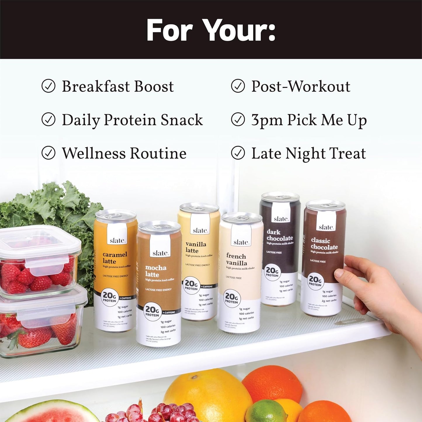 Slate Milk - High Protein Milk Shake - Classic Chocolate - Lactose Free, 20g Protein, 1g Sugar, 100 Calories, 2g Net Carbs, No Added Sugar - Natural, Breakfast Boost, Post Workout - 11 fl oz, 48 Cans