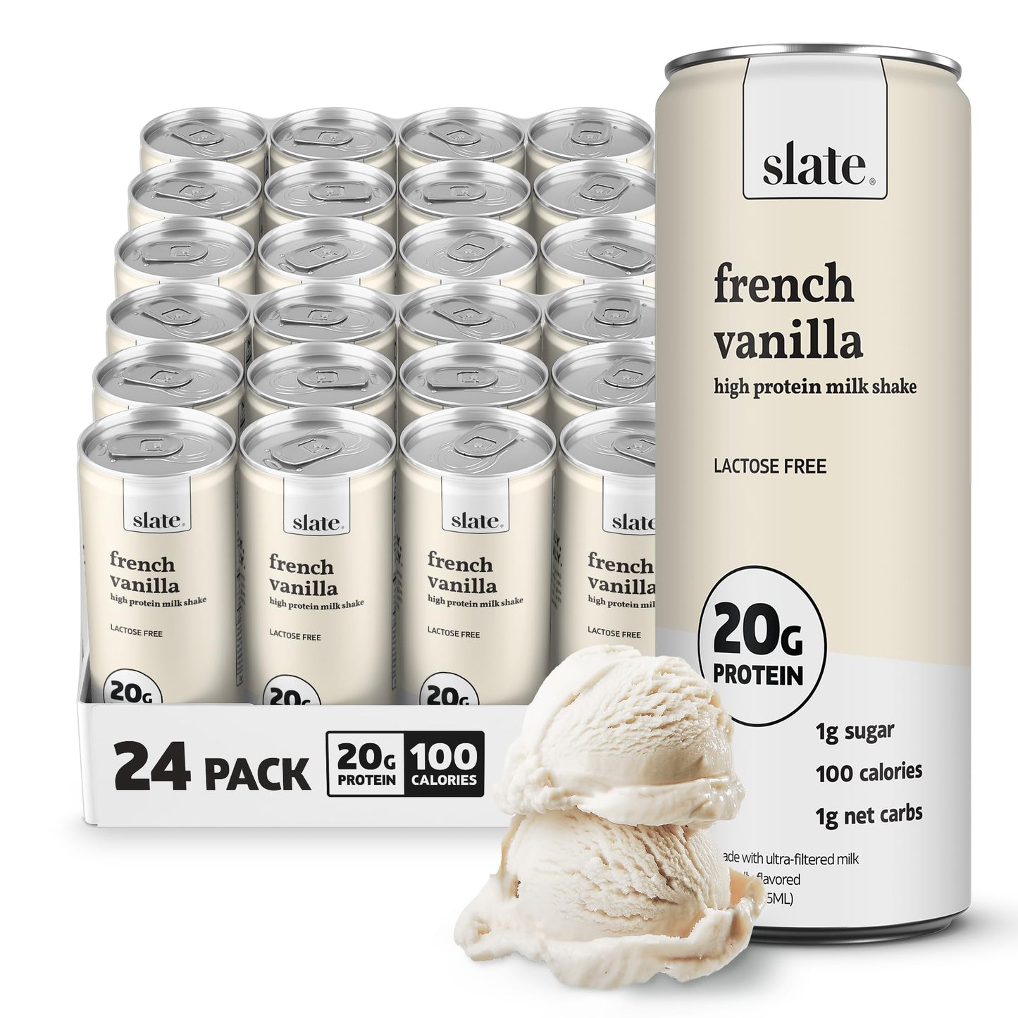 Slate Milk - High Protein Milk Shake - Classic Chocolate - Lactose Free, 20g Protein, 1g Sugar, 100 Calories, 2g Net Carbs, No Added Sugar - Natural, Breakfast Boost, Post Workout - 11 fl oz, 48 Cans
