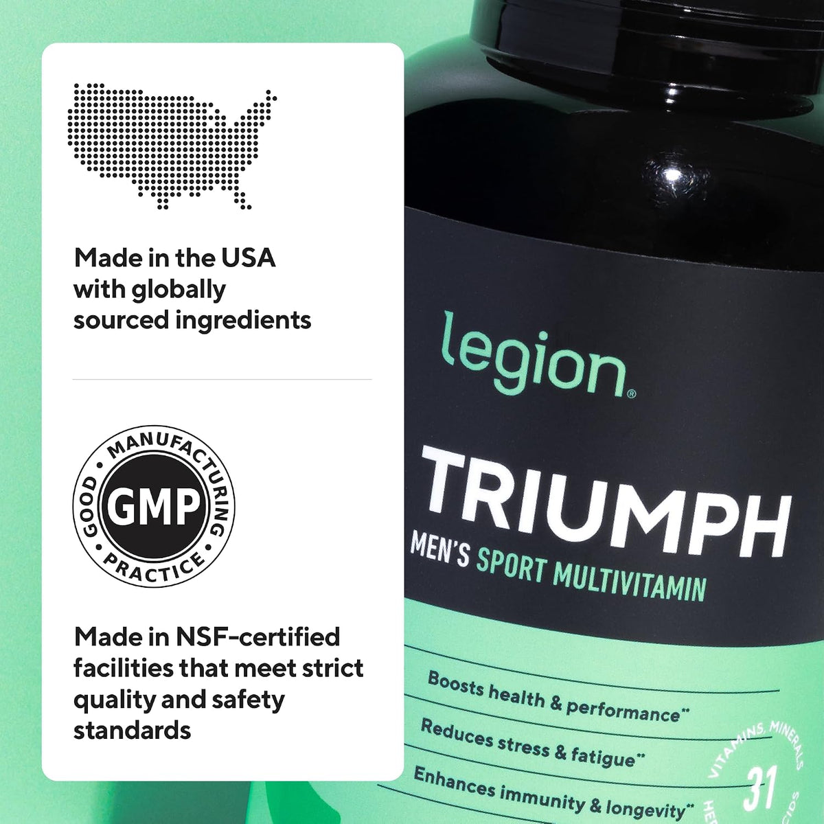 Legion Triumph Men's Sport Multivitamin Vitamin D3 Daily, 30 Servings