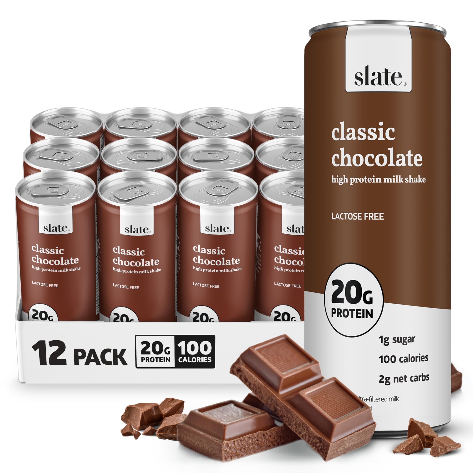 Slate Milk - High Protein Milk Shake - Classic Chocolate - Lactose Free, 20g Protein, 1g Sugar, 100 Calories, 2g Net Carbs, No Added Sugar - Natural, Breakfast Boost, Post Workout - 11 fl oz, 48 Cans