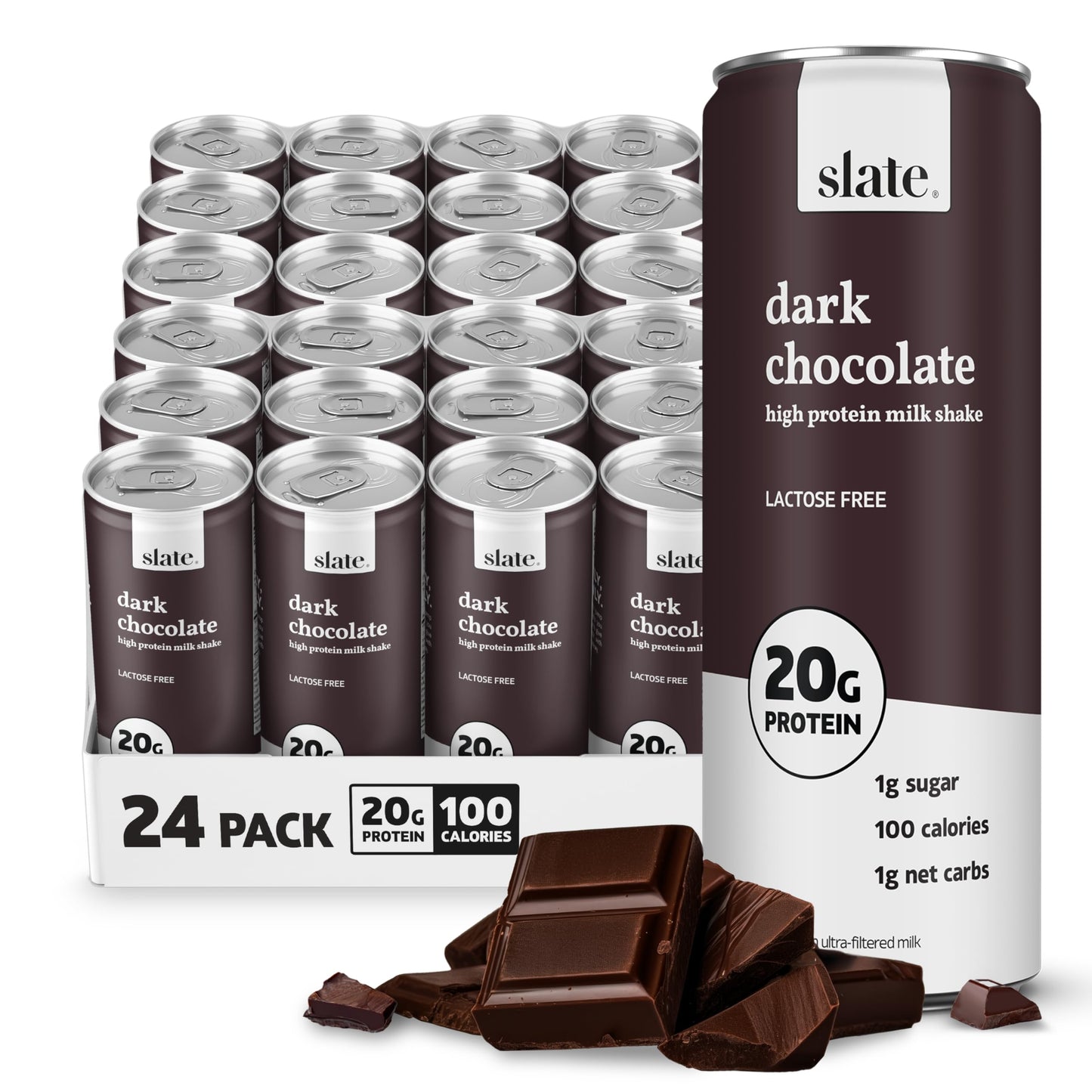 Slate Milk - High Protein Milk Shake - Classic Chocolate - Lactose Free, 20g Protein, 1g Sugar, 100 Calories, 2g Net Carbs, No Added Sugar - Natural, Breakfast Boost, Post Workout - 11 fl oz, 48 Cans
