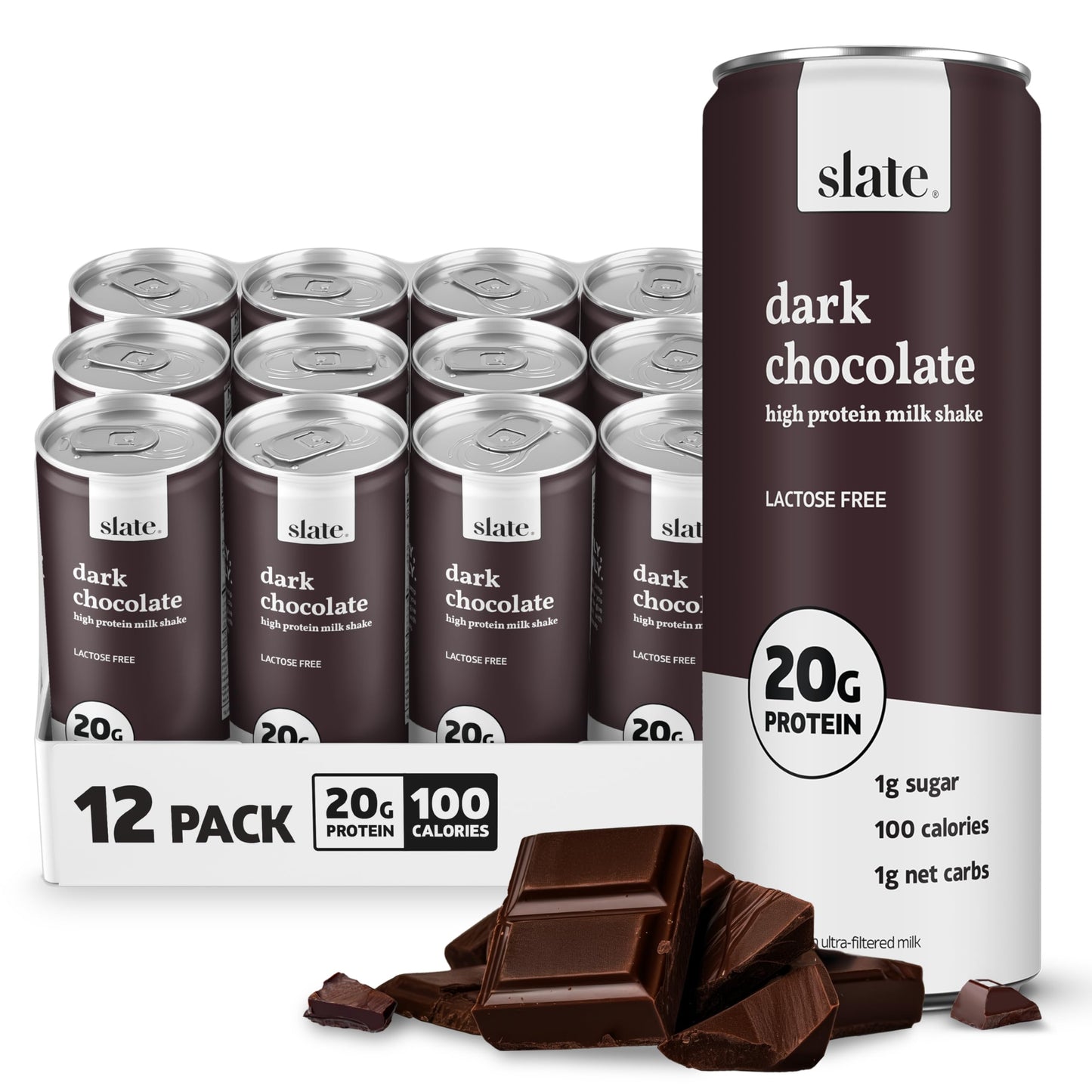 Slate Milk - High Protein Milk Shake - Classic Chocolate - Lactose Free, 20g Protein, 1g Sugar, 100 Calories, 2g Net Carbs, No Added Sugar - Natural, Breakfast Boost, Post Workout - 11 fl oz, 48 Cans