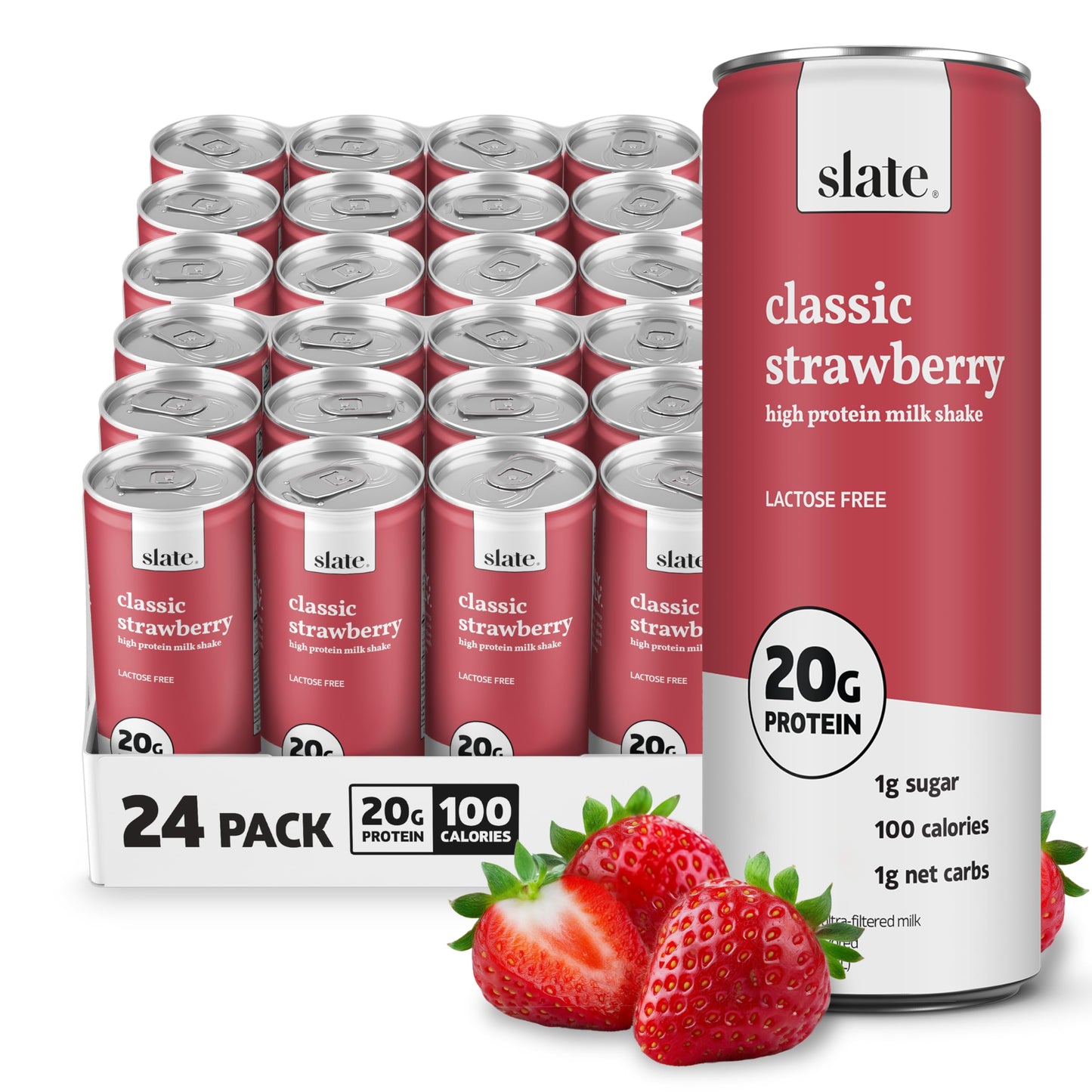 Slate Milk - High Protein Milk Shake - Classic Chocolate - Lactose Free, 20g Protein, 1g Sugar, 100 Calories, 2g Net Carbs, No Added Sugar - Natural, Breakfast Boost, Post Workout - 11 fl oz, 48 Cans
