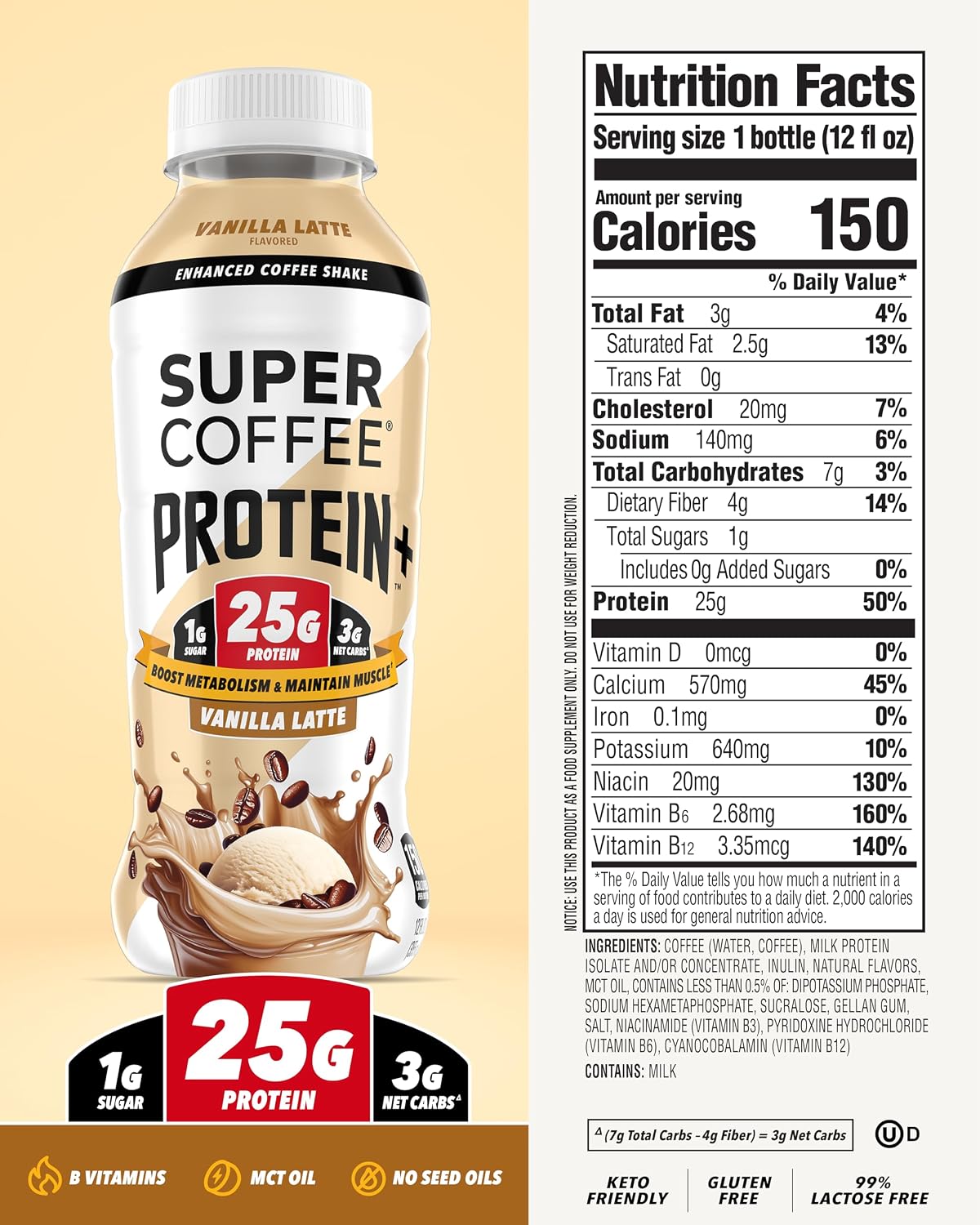 SUPER COFFEE+, Keto Coffee (0g Added Sugar, 150 Calories) [Vanilla] 11 Fl Oz, 18 Pack | Iced Smart Coffee Drinks