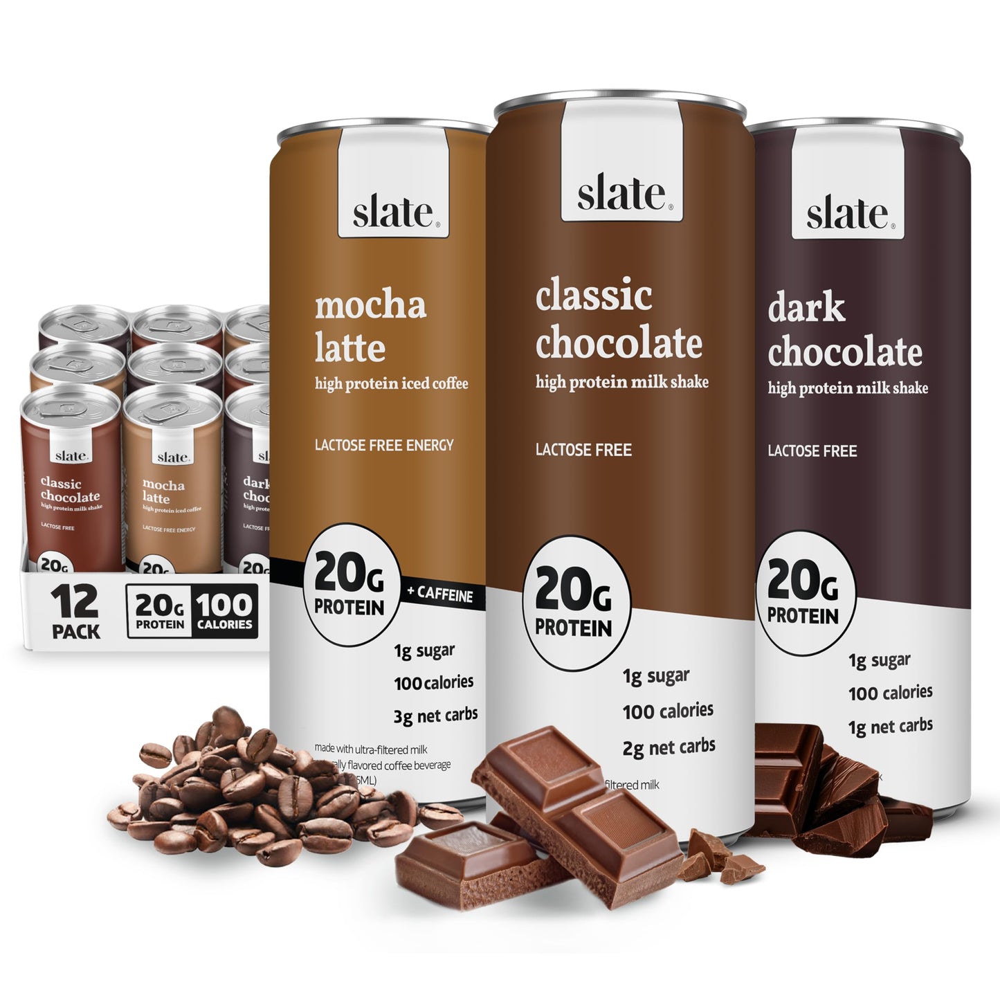 Slate Milk - High Protein Milk Shake - Classic Chocolate - Lactose Free, 20g Protein, 1g Sugar, 100 Calories, 2g Net Carbs, No Added Sugar - Natural, Breakfast Boost, Post Workout - 11 fl oz, 48 Cans