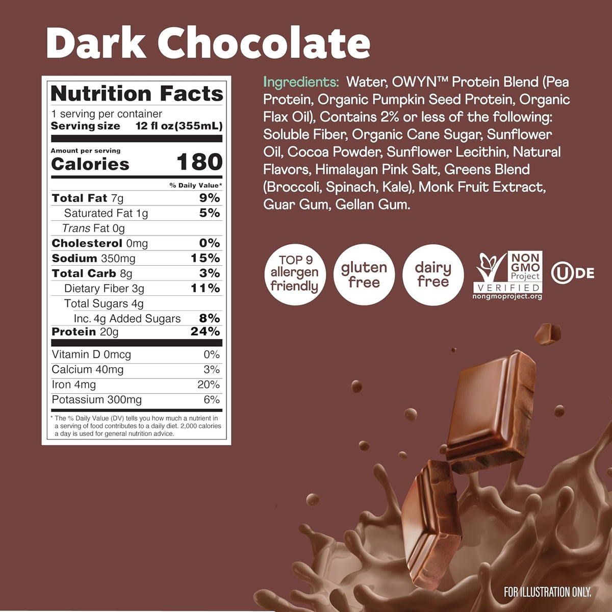 OWYN Only What You Need Dark Chocolate Flavored 20g Protein Shake, 12 Ct