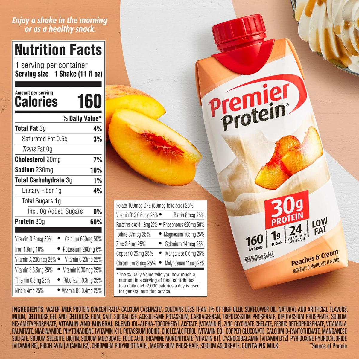 Premier Protein Shake, Peaches & Cream, 30g Protein, No Added Sugar, 24 Vitamins & Minerals to Support Immune Health, 11 fl oz, 12 Pack (Packaging May Vary)